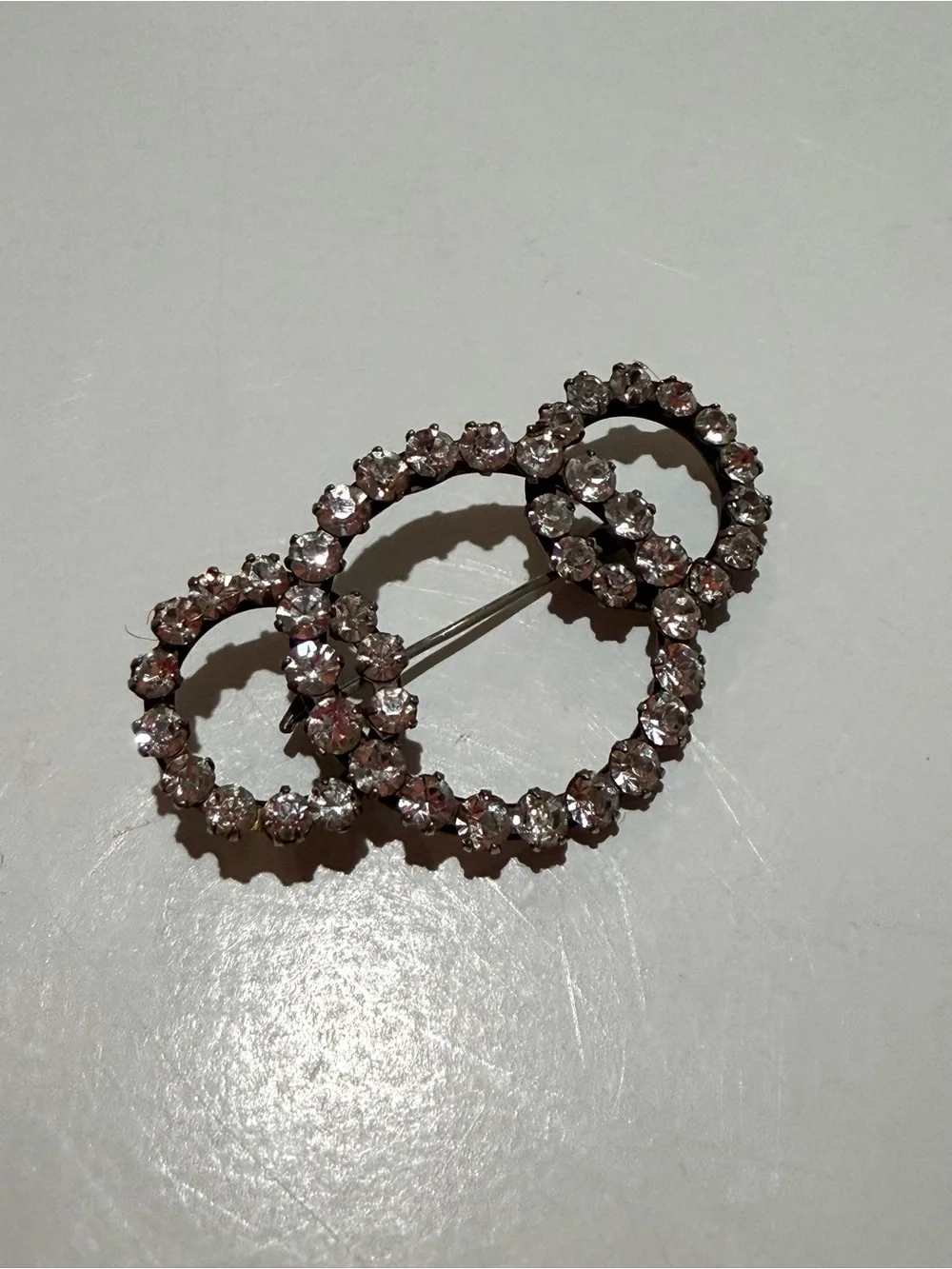Vintage 875 Silver Clear Crystal Triple Circle Brooch Pin Prong Set Estate